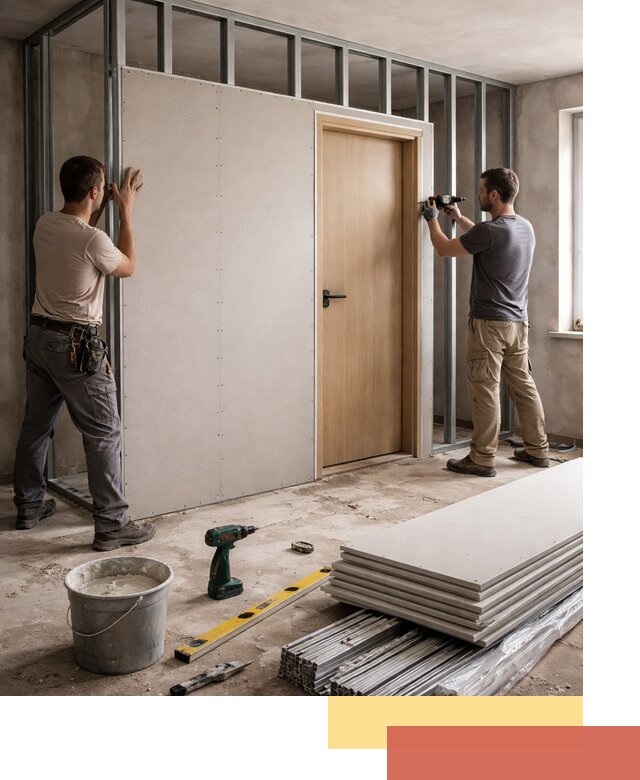 Перегородка из гипсокартона с дверью под ключ в Домодедово