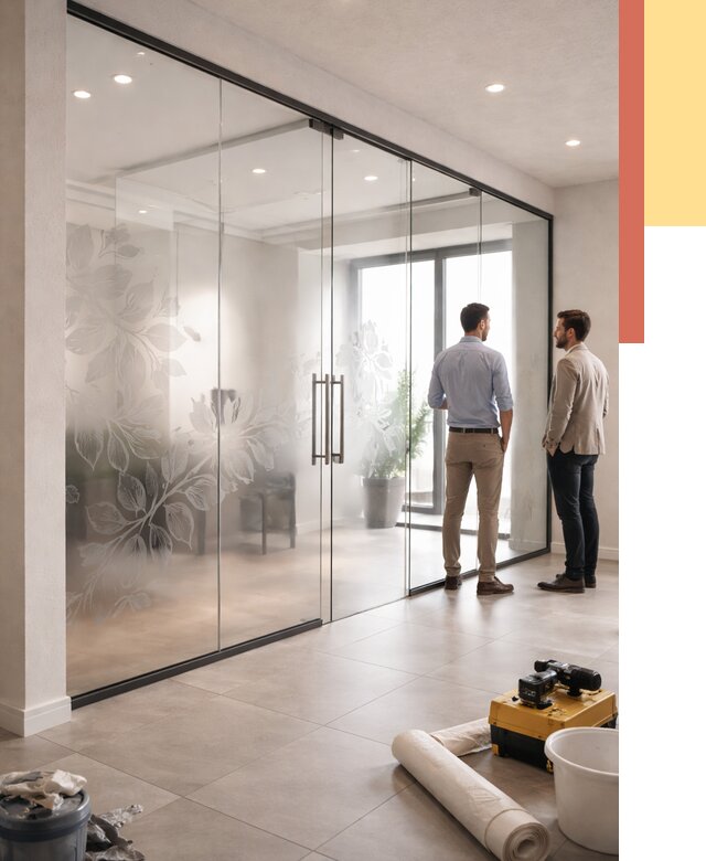 Стеклянные перегородки с рисунком в Домодедово от 13158 руб. монтаж и нанесение | ОТДЕЛОЧНИК-Дмд