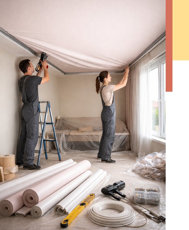 Монтаж цветного натяжного потолка в Домодедово от 4421 руб/м² — быстро и недорого | ОТДЕЛОЧНИК-Дмд