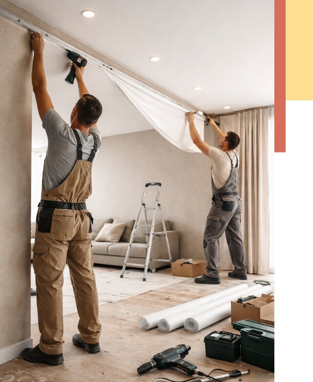 Монтаж натяжного потолка в гостиной в Домодедово от 579 руб. | ОТДЕЛОЧНИК-Дмд