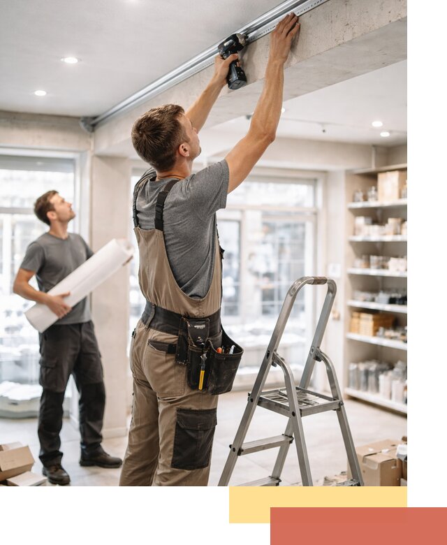 Монтаж натяжных потолков в магазине в Домодедово