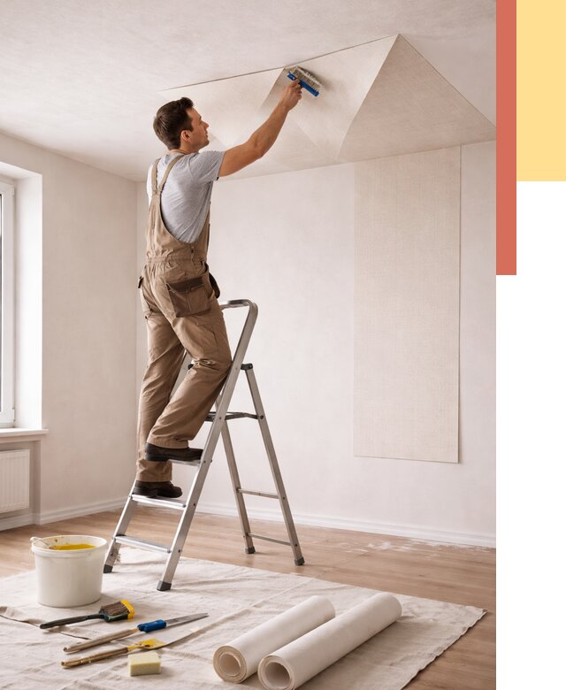 Поклейка обоев на потолок в Домодедово от 4737 руб. быстро и недорого | ОТДЕЛОЧНИК-Дмд